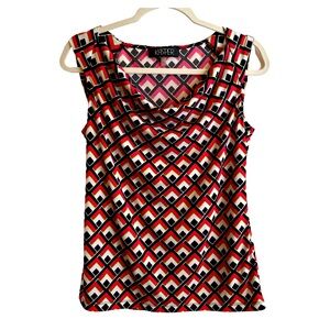 Kasper S cowl neck top sleeveless red black white blouse